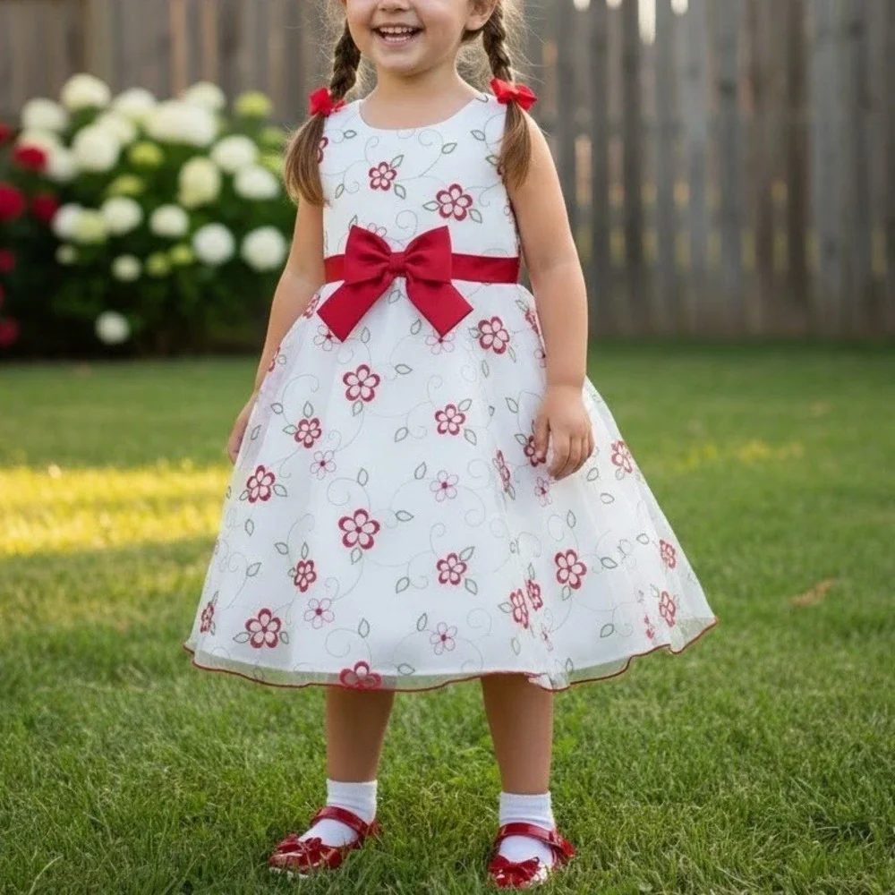Youngland Girls White Red Floral Embroidered Dress Ribbon‎ Bow Party Size 5